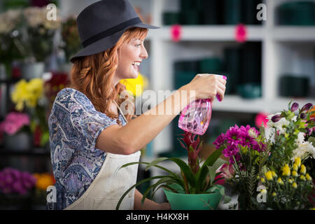 Floristen Sprühwasser auf Blumen im Blumenladen Stockfoto