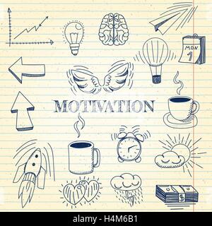 Die Hand gezeichnete Vektor-Illustration-Set von Motivation und Buisness Zeichen und Symbol Kritzeleien Elemente, Notebook Hintergrund. Stock Vektor