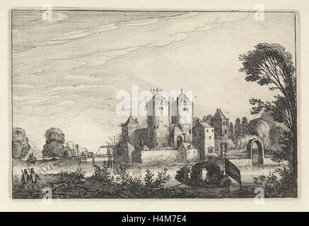 Figuren in einem Kanu in einem Schloss, print-Hersteller: Jan van de Velde II, 1616 Stockfoto