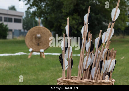 Gruppe der Pfeile im Weidenkorb und Stroh Zielscheibe im Hintergrund auf Wiese Stockfoto