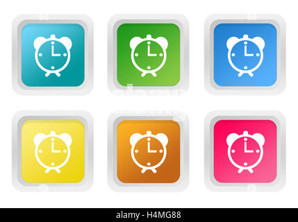 Satz von quadratischen bunten Tasten mit Wecker-Symbol in blau, grün, gelb, rosa und orange Farben Stockfoto