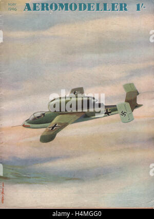 Vintage Abdeckung des Aeromodeler Magazin vom Mai 1946 zeigt ein Gemälde von Charles Rupert Moore der Heinkel He 162 Volksjäger Deutsche Jagdflugzeug aus dem zweiten Weltkrieg. Aeromodeler war eine populäre Zeitschrift für Modellflug Enthusiasten erstmals im November 1935 veröffentlicht. Stockfoto