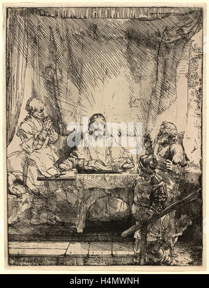 Rembrandt van Rijn, Christus in Emmaus: größere Platte, Niederländisch, 1606-1669, 1654, Ätzen, Stichel und Kaltnadelradierung Stockfoto