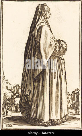 nach Jacques Callot, edle Frau trägt einen Schleier und ein Kleid getrimmt in Fell, Holzschnitt Stockfoto