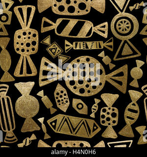 Candy-Muster. Gold Handmalerei Bonbons nahtlose Hintergrund. Süßigkeiten zu abstrahieren Glanz Textur für Tapeten, Textilien, design Stockfoto