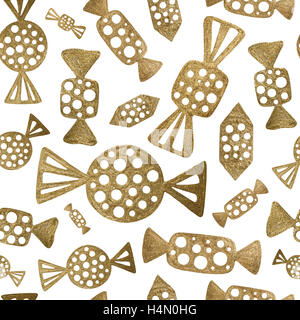 Candy-Muster. Gold Handmalerei Bonbons nahtlose Hintergrund. Süßigkeiten zu abstrahieren Glanz Textur für Tapeten, Textilien, design Stockfoto