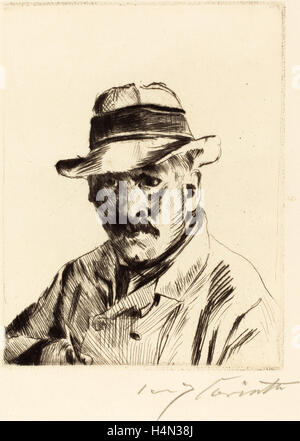 Lovis Corinth, Selbstportrait mit Strohhut (Selbstbildnis Im Strohhut), Deutsch, 1858-1925, 1913, Kaltnadelradierung Stockfoto