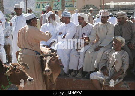 Der Viehmarkt in Nizwa, Oman. Lokalen Stammesangehörigen Handel mit Rindern und Ziegen auf dem Markt in der alten Hauptstadt von Oman Stockfoto