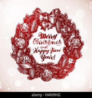 Frohe Weihnachten und glückliches neues Jahr. Weihnachten Kranz, Kranz-Skizze. Vektor-illustration Stock Vektor