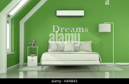 Grüne Schlafzimmer im Dachgeschoss mit Doppelbett, Lampe und Klimaanlage - 3d rendering Stockfoto