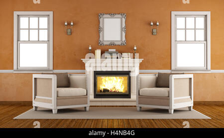 Klassischer Kamin in einem Retro-Wohnzimmer mit zwei Sesseln und Windows - 3d rendering Stockfoto