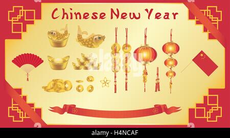 Chinese New Year Karte mit chinesischen Fan gold Barren Stock Vektor