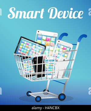 intelligente Geräte mit Smartphone und Tablet auf einen Einkaufswagen Stock Vektor