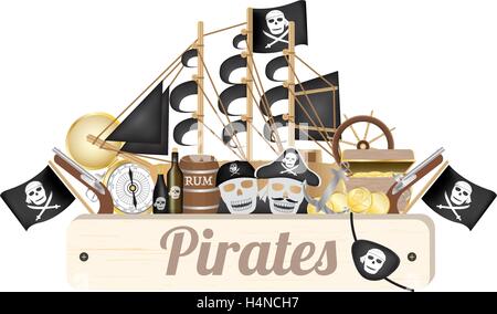 Pirate Holzplatte mit Piraten Schiff Kompass Goldmünze rum Fass Schatz Feld Flag Gun Augenklappe Stock Vektor