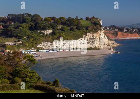 Strandhütten unterhalb der Kreidefelsen bei Bier auf den Jurassic Küste von South Devon, England, UK Stockfoto