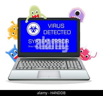 Laptop Fehlerbildschirm mit Cartoon-virus Stock Vektor