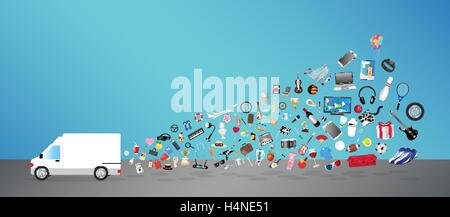 weiße Transportwagen mit allgemeinen Einkaufs-Objekte Stock Vektor