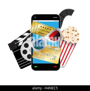 Smartphone mit Film Objekt 3D-Brille ticket Film Popcorn-Kreditkarte Stock Vektor
