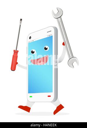 cartoon-Smartphone mit Reparatur-Werkzeug in der hand Stock Vektor