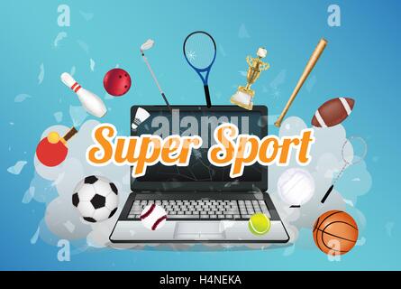 Super Sport mit Sportgeräten schwimmend auf aufgelöste laptop Stock Vektor