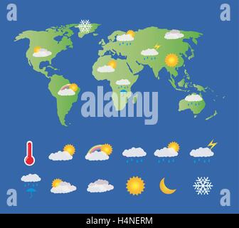 Wetter-Icon set mit Weltkarte Stock Vektor