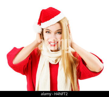 Lächelnde Frau Weihnachten in rote Winterkleidung Stockfoto