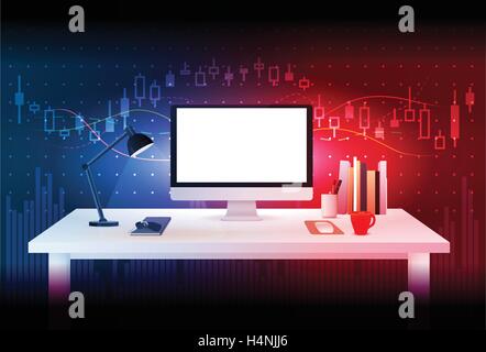 Computerbildschirm auf Arbeitstisch des Investors. Stock Vektor