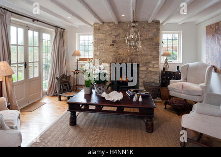 Ein Zeitgenosse eingerichtete Ferienhaus Wohnzimmer mit einem Kamin und ein Protokoll brennenden Ofen Stockfoto