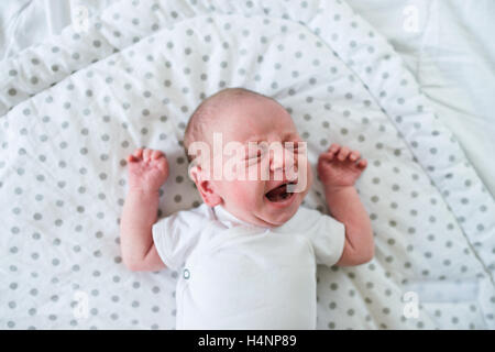 Neugeborenes Baby Boy auf Bett, Weinen, Nahaufnahme Stockfoto