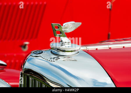 Bentleys geflügelte "B" Abzeichen und Motorhaube Kühlerfigur. Klassische britische Oldtimer Stockfoto