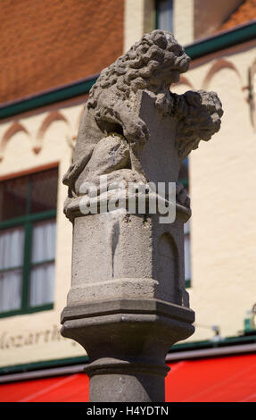 In Huidenvettersplein Platz ist eine Spalte, die Unterstützung von zwei Löwen und das Emblem der Gerber. Stockfoto