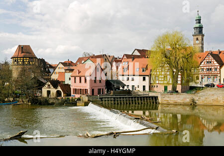 Fluss Pegnitz, mahlen, Mühle und St. Johannis oder Stadt Kirche, Lauf ein der Pegnitz Middle Franconia, Bayern Stockfoto