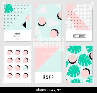 Ein Satz von sechs abstrakte geometrische Muster in schwarz, weiß, blau und Pastell rosa. Moderne und originelle Grußkarte, invitati Stock Vektor