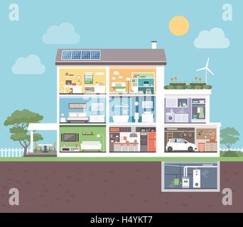 Modernes Haus im Querschnitt mit Zimmer: Schlafzimmer, Büro, Bad, Küche, Wohnzimmer, Waschküche, Garage, Heizraum Stock Vektor