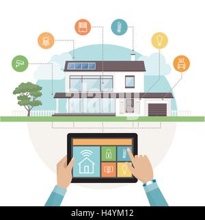 Intelligente Haussteuerung System und mobile app auf einem Tablet, modernes Haus mit Symbolen, die auf dem Hintergrund festlegen Stock Vektor