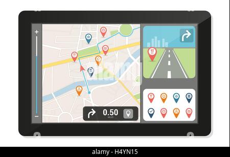 GPS-Navigations-Gerät und einen Stadtplan mit Stiften und Symbole, Technologie und Konzept Reisen Stock Vektor