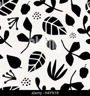 Nahtlose wiederholendes Muster mit schwarzen Blättern, Zweigen und Eicheln auf cremefarbenen Hintergrund. Herbst, Fliesen, Hintergrund, Poster, Textil Stock Vektor