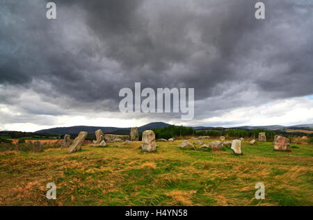 Ein Blick auf Tomnaverie Recumbent Stone Circle in der Nähe von Tarland, Aberdeenshire, Schottland, Vereinigtes Königreich. Stockfoto