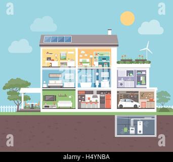 Modernes Haus im Querschnitt mit Zimmer: Schlafzimmer, Büro, Bad, Küche, Wohnzimmer, Waschküche, Garage, Heizraum Stock Vektor