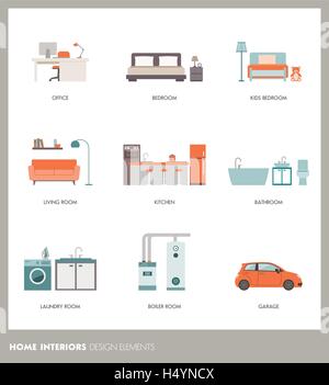 Konzeptionelle Heimat Zimmereinrichtung mit Objekten und Möbeln: Büro, Schlafzimmer, Bad, Wohnzimmer, Küche, Garage, Waschküche ein Stock Vektor