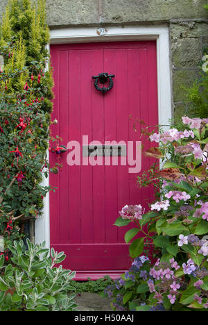 Magenta lackiert Holzhaus vor der Tür Stockfoto