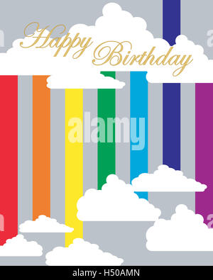 ein Beispiel für eine stilisierte Grußkarte mit den Worten alles Gute zum Geburtstag über einen Regenbogen mit flauschigen Wolken Stockfoto