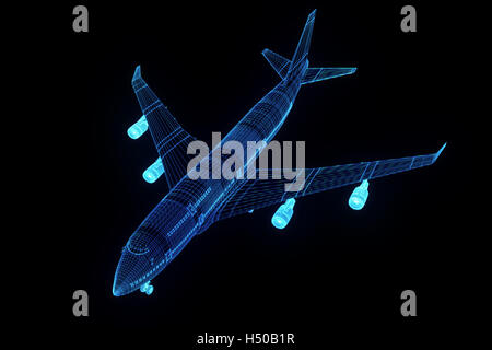 Flugzeug im Hologramm Wireframe-Stil. Schönes 3D Rendering Stockfoto