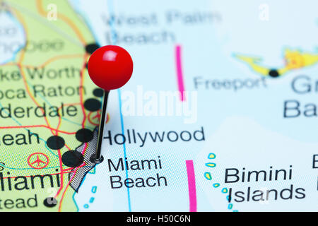Miami Beach, fixiert auf einer Karte von Florida, USA