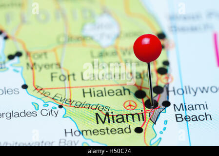 Miami, fixiert auf einer Karte von Florida, USA