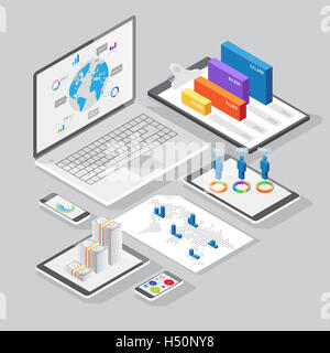 Satz von Infografiken Designelemente auf Briefpapier und Computer-Geräte. Isometrische Stil. Stockfoto