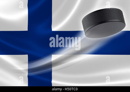 Hockey-Puck-Streifen über die Flagge von Finnland, wo das Land einer der großen Eishockey-Nationen der Welt ist. Stockfoto