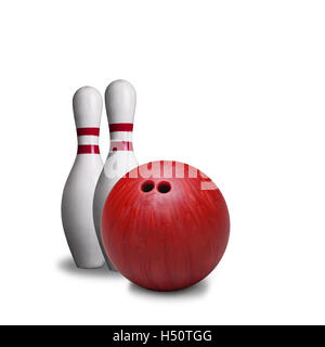 Roten Bowling-Kugel und Pins isoliert auf weißem Hintergrund. Stockfoto