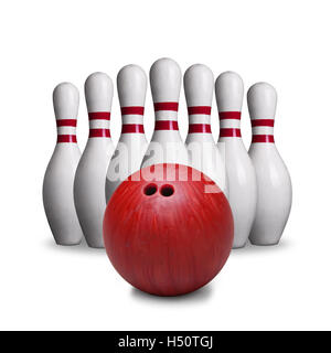 Roten Bowling-Kugel und Pins isoliert auf weißem Hintergrund. Stockfoto