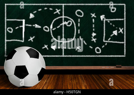 Soccer ball und spielen Strategie auf eine Hintergrund-Tafel mit textfreiraum gezeichnet. Stockfoto